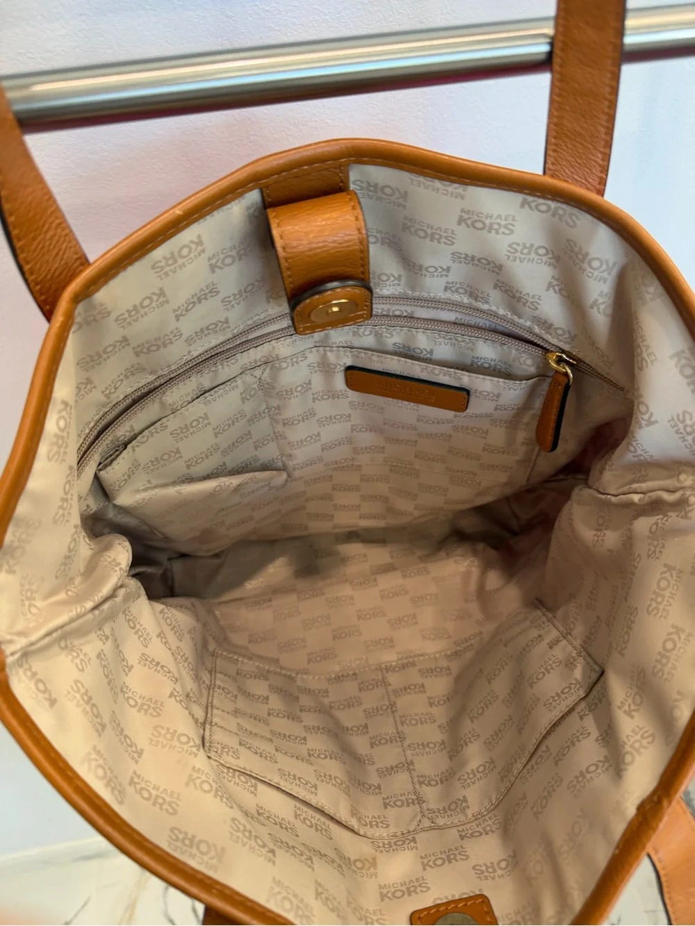 Michael Kors Hot Pink Logo Jacquard Tote with Brown Leather Straps